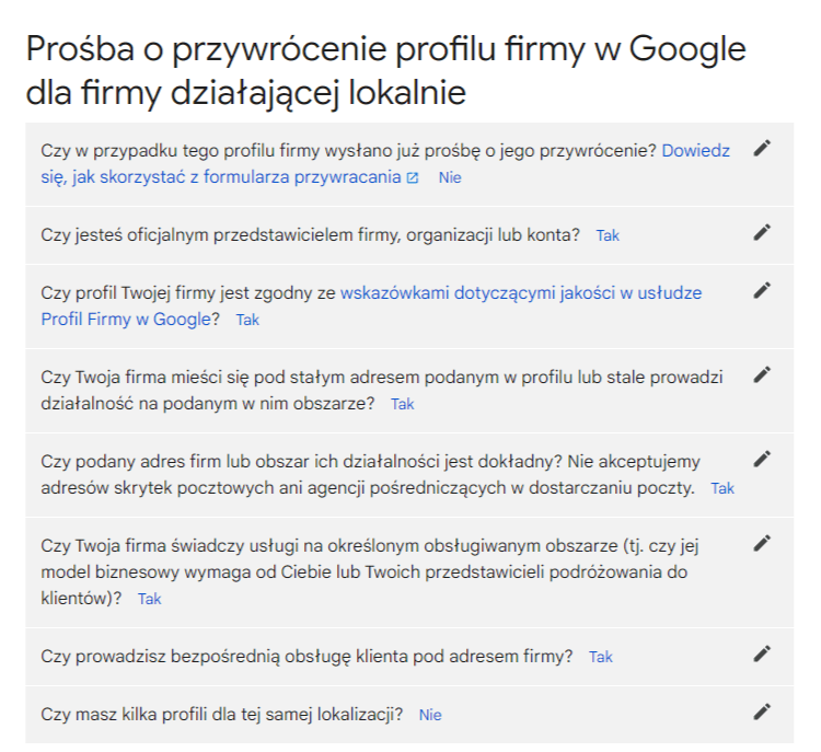 Prośba o przywrócenie profilu firmy w Google dla firm działających lokalnie - zaznaczanie pytań