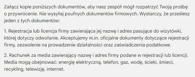 Zawieszona wizytówka Google - dokumenty wymagane przez Google
