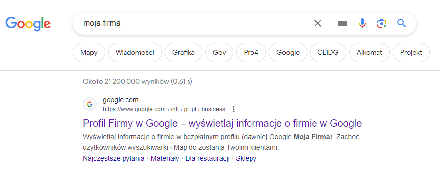 moja firma - wynik wyszukiwania - profil firmy w Google