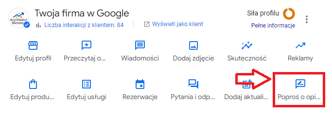 Profil firmy Google - panel zarządzania - Poproś o opinię