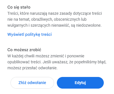 Nieopublikowana opinia od Google - treść maila z informacją