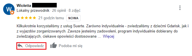 Nowa opina w Google - odpowiedz