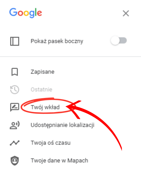 Edytowanie lub usuwanie opinii w Google - kliknij "Twój Wkład"