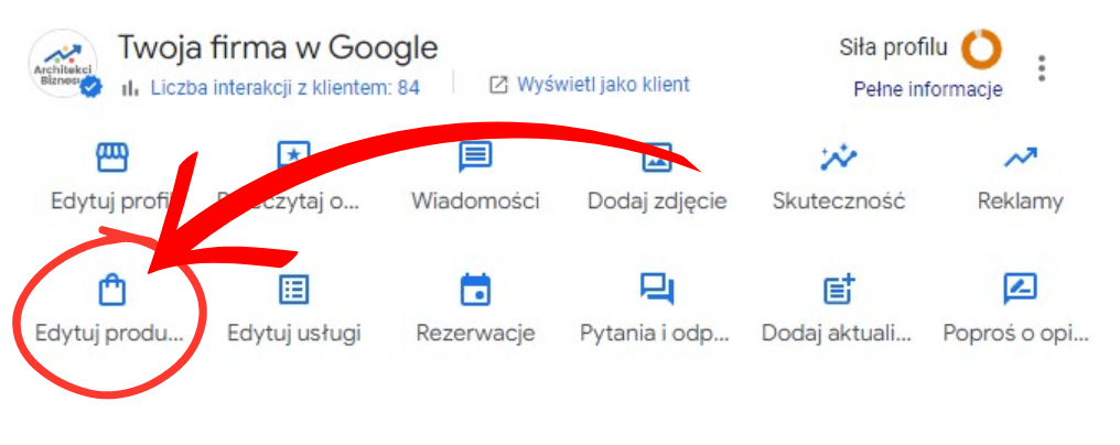 Panel zarzadzania profilem firmy Google - oznaczone pole edytuj usługi