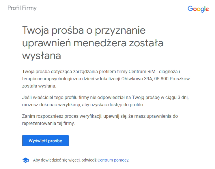 Potwierdzenie wysłania prośby o dostęp do wizytówki Google