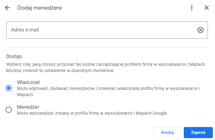 Zarządzanie profilem firmy Google - wybór menedżera lub właściciela