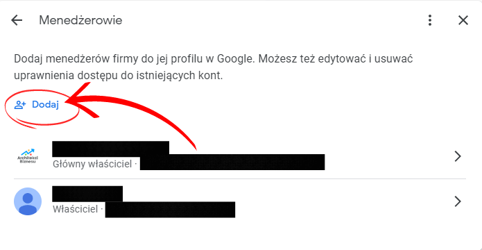 Zarządzanie profilem firmy Google - dodawanie nowego menedżera lub właściciela