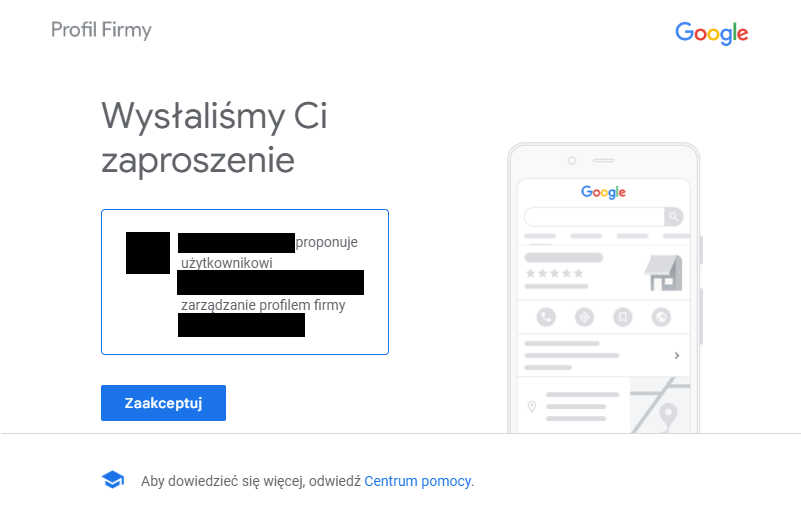 Zarządzanie profilem firmy Google - mail do akceptacji zaproszenia jako nowy zarządzający