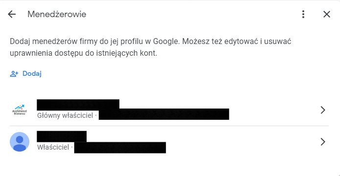 Zarządzanie profilem firmy Google - menu zakładka menedżerowie