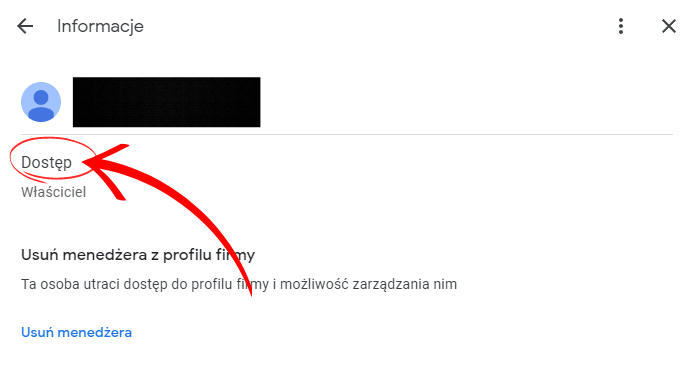Zarządzanie profilem firmy Google - ustawienia dostępu w sekcji menedżerowie