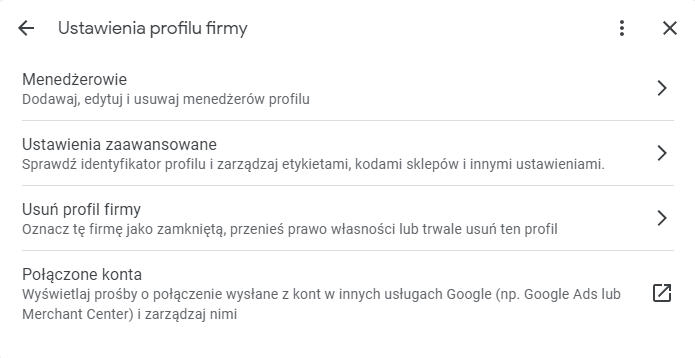 Menu główne zarządzania w profilu firmy Google
