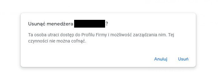 Zarządzanie profilem firmy Google - potwierdzenie usunięcia menedżera lub właściciela