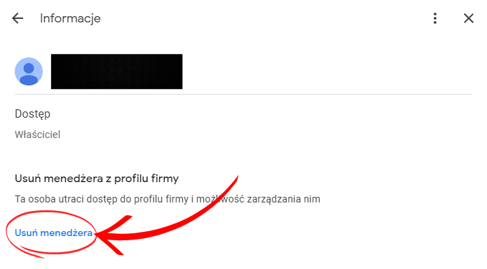 Zarządzanie profilem firmy Google - usuwanie menedżera lub właściciela