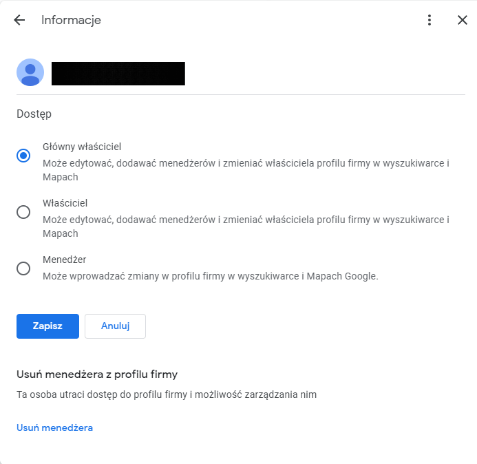 Zarządzanie profilem firmy Google - panel zmiany uprawnień właściciela, głównego właściciela i menedżera