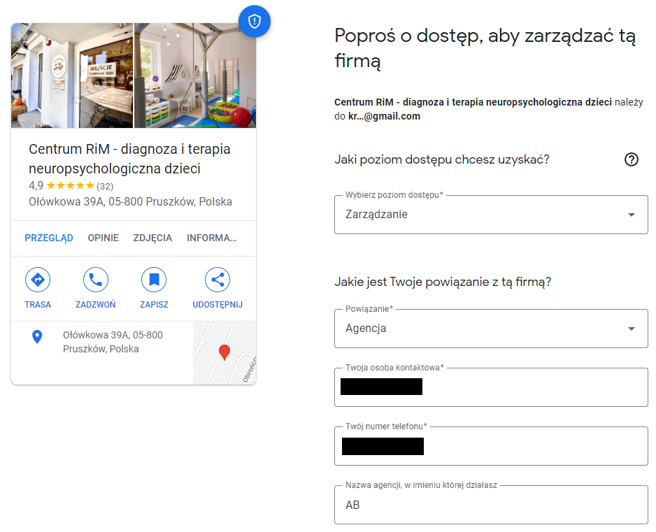 Prośba o dostęp aby zarządzać wizytówką
