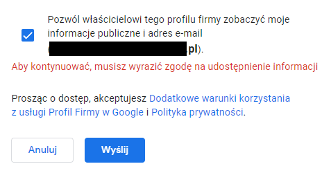 Prośba o dostęp aby zarządzać wizytówką - przycisk wyślij