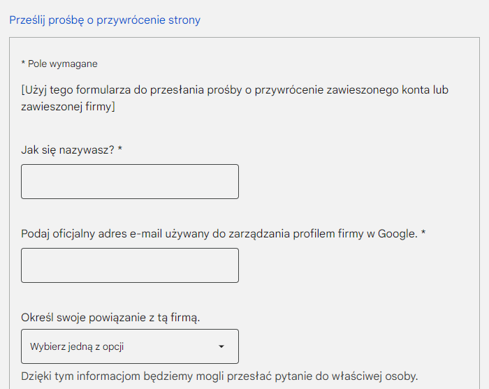 Prośba o przywrócenie profilu firmy w Google dla firm działających lokalnie - uzupełnienie pól imię, e-mail i powiązanie z firmą