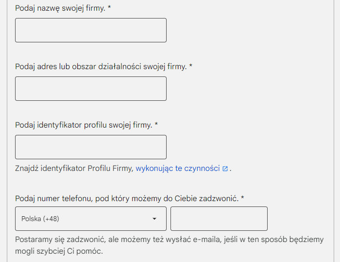 Prośba o przywrócenie profilu firmy w Google dla firm działających lokalnie - podaj nazwę, adres, numer ID zawieszonej wizytówki Google, numer telefonu
