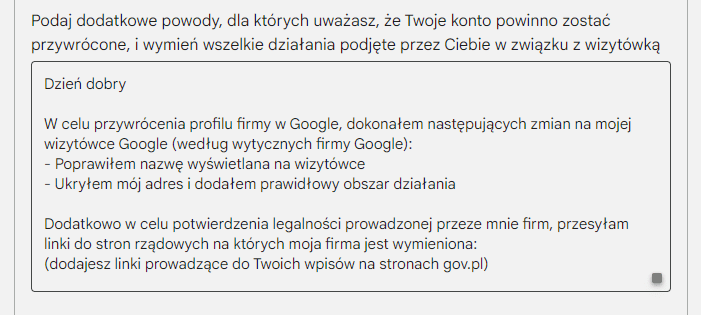 Zawieszon wizytówka Google - przykładowy tekst odwołania