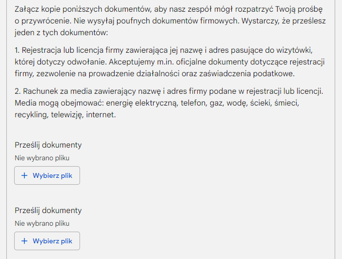 Zawieszona wizytówka Google - dodawanie wymaganych dokumentów do formularza