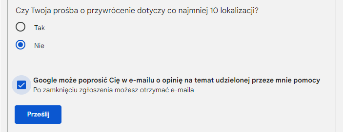 Przesłanie prośby o przywrócenie profilu firmy w Google