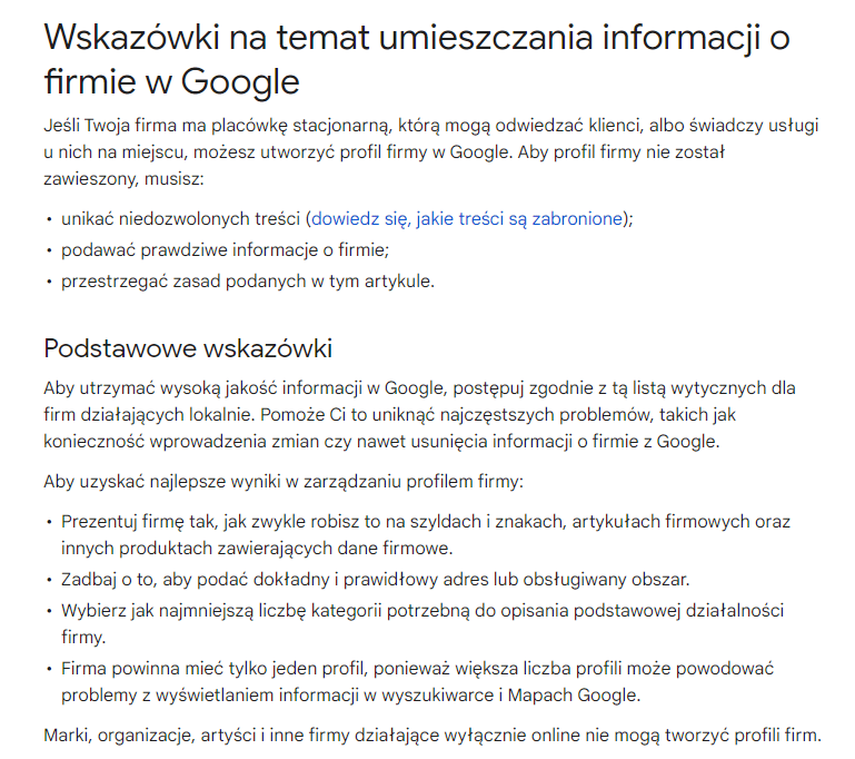 Wskazówki na temat umieszczania informacji o firmie w Google