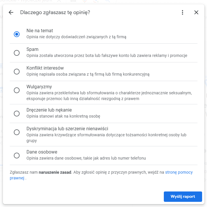 Karta wyboru powodu z jakiego zgłaszamy opinię naruszającą zasady Google
