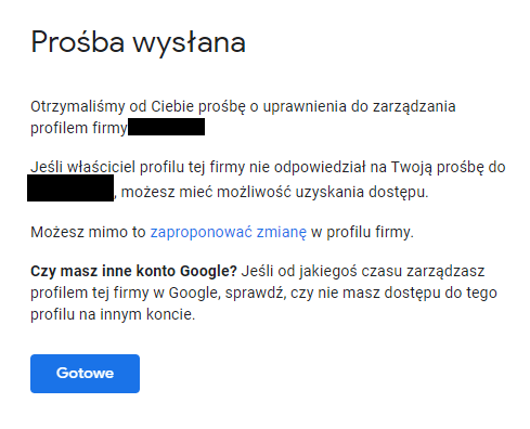 prośba o dostęp do wizytówki Google wysłana