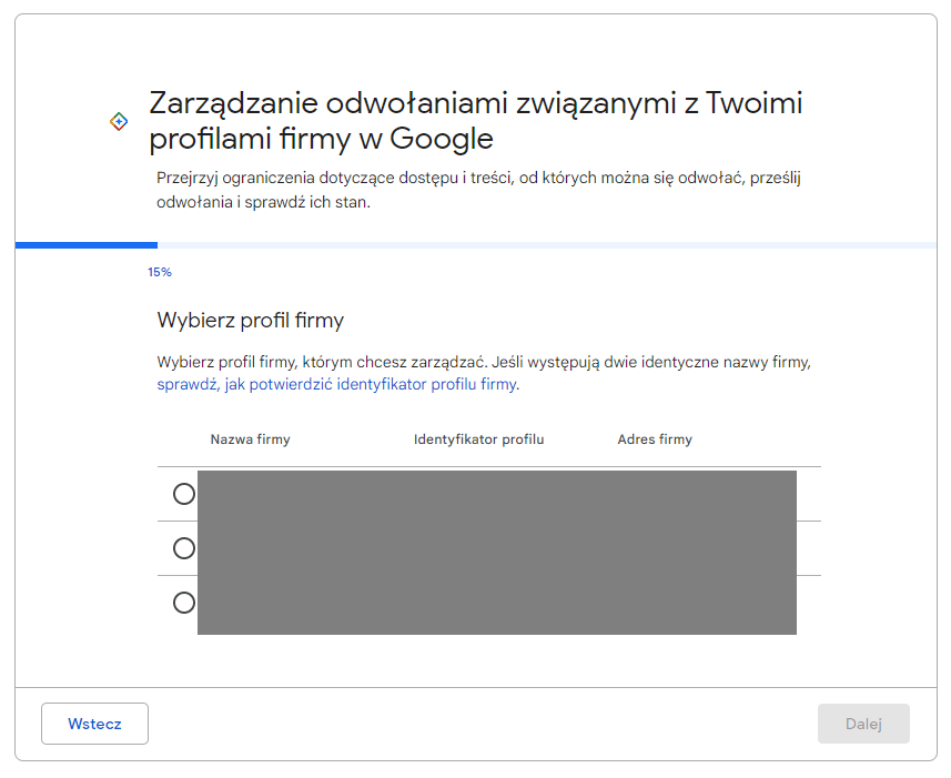 Panel zarządzania odwołaniami profilu firmy Google - wybór profilu firmy