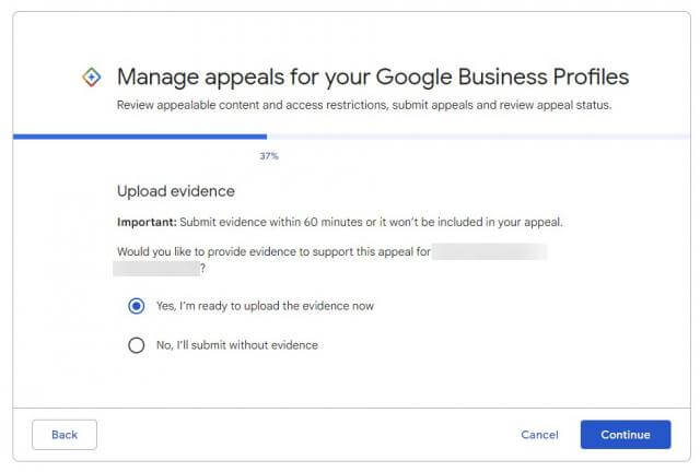 Odwołanie od zawieszonego profilu firmy Google - informacja o 60 minutach na złożenie dowodów