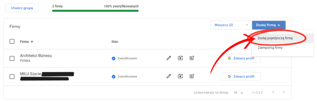 Dodaj pojedynczą firmę - dodawanie profilu firmy Google