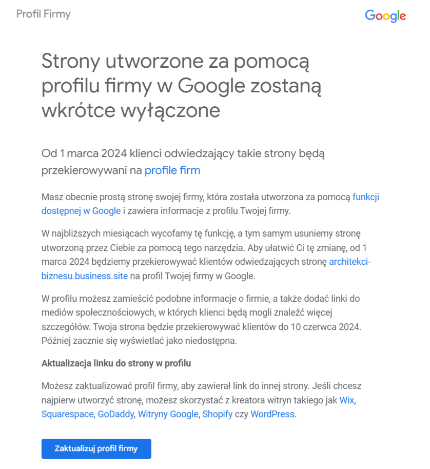 koniec-stron-business-site-mail-od-google Mail od Google z informacją o wycofaniu usługi darmowych stron Business Site
