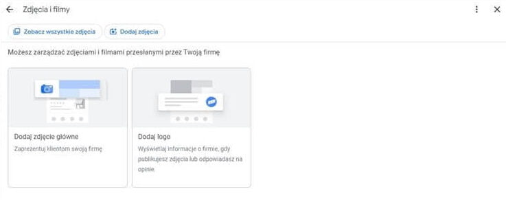 Panel profilu firmy Google - dodwanie zdjęć i filmów
