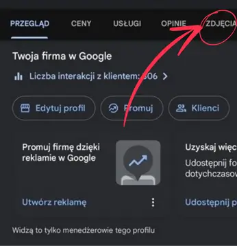 Panel profilu firmy Google w mapch na telefonie - zdjęcia