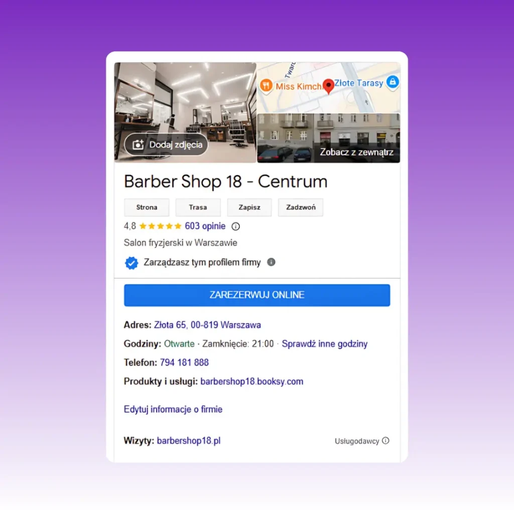 Barber Shop 18: Podgląd wizytówki Google