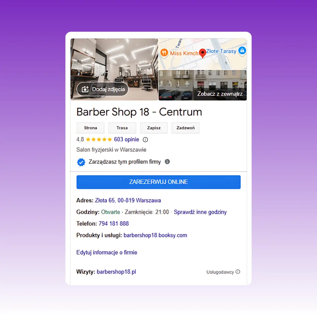 Barber Shop 18: Podgląd wizytówki Google