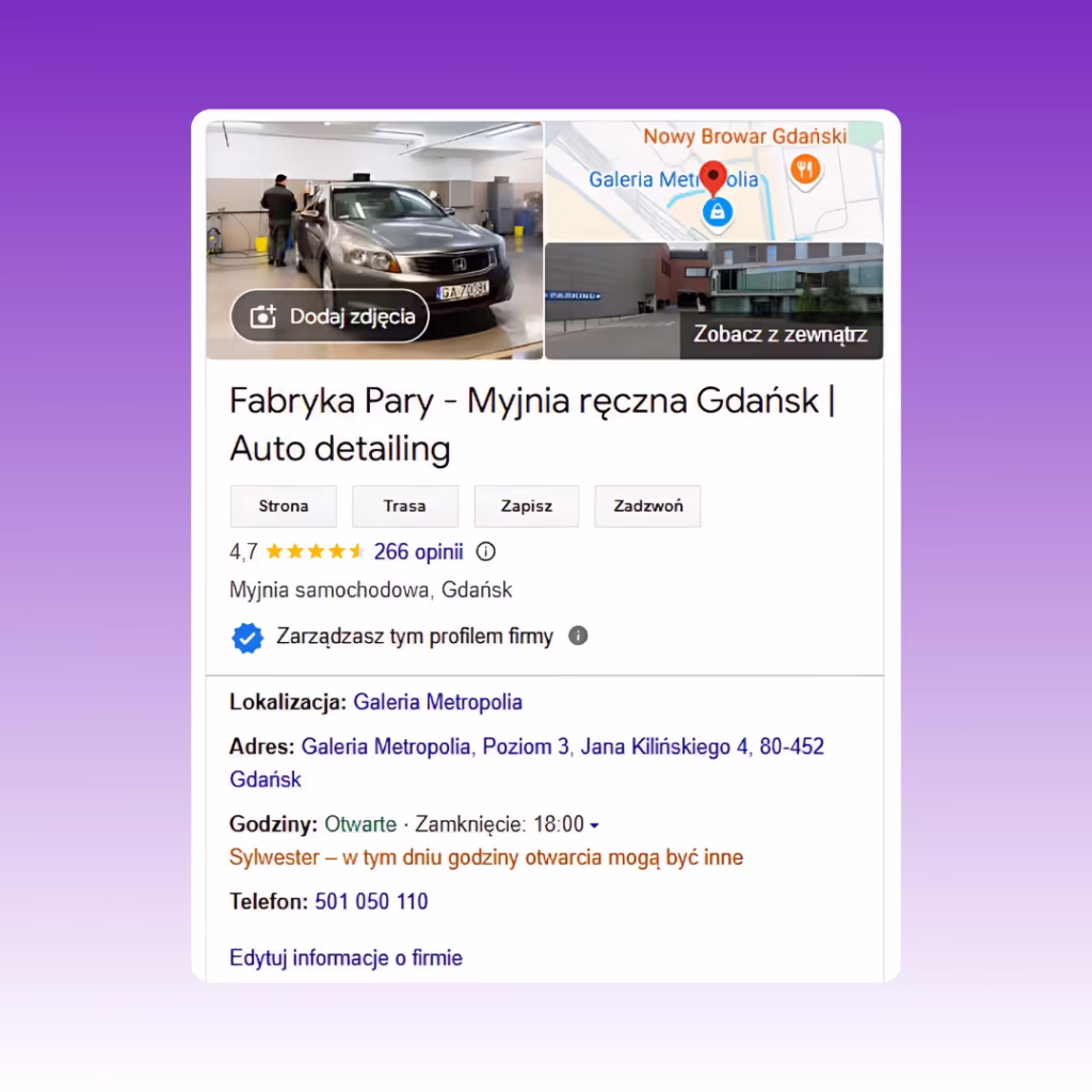 Fabryka Pary Podgląd wizytówki Google