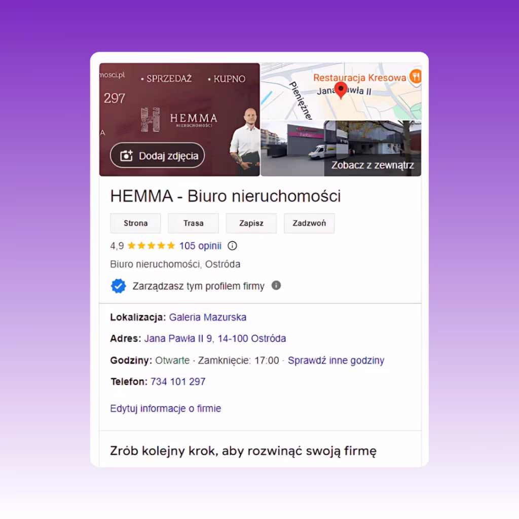 Hemma Nieruchomości Podgląd wizytówki Google
