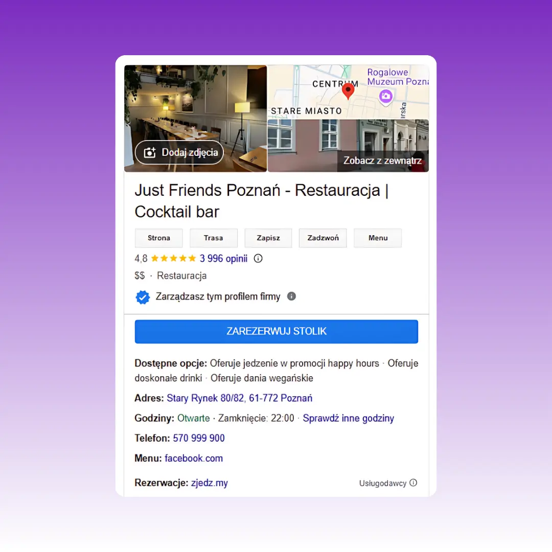 Just Friends Poznań: Podgląd wizytówki Google