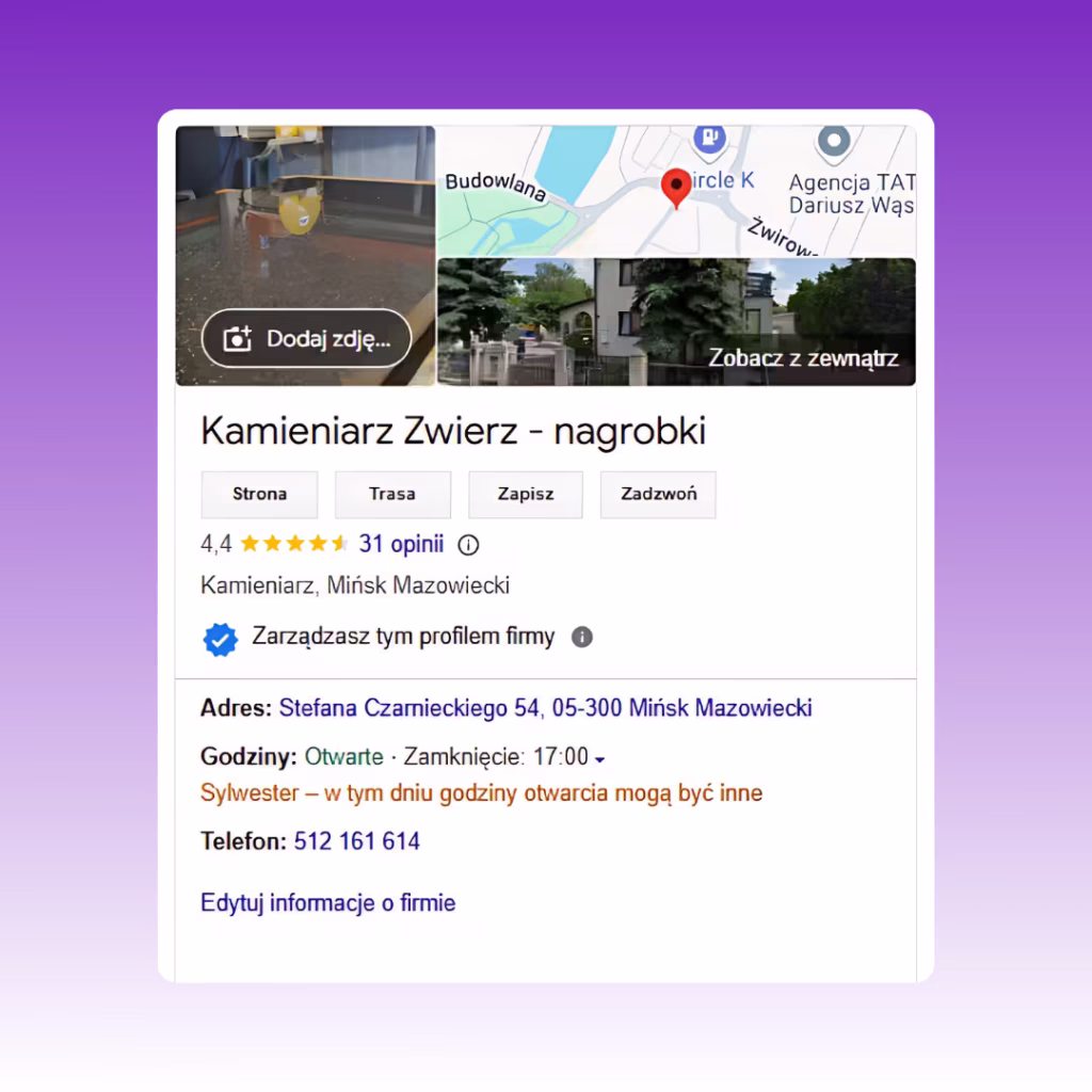 Kamieniarstwo Zwierz Podgląd wizytówki Google