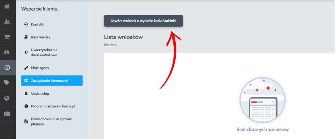 Kod AuthInfo z Home.pl - wniosek o wydanie