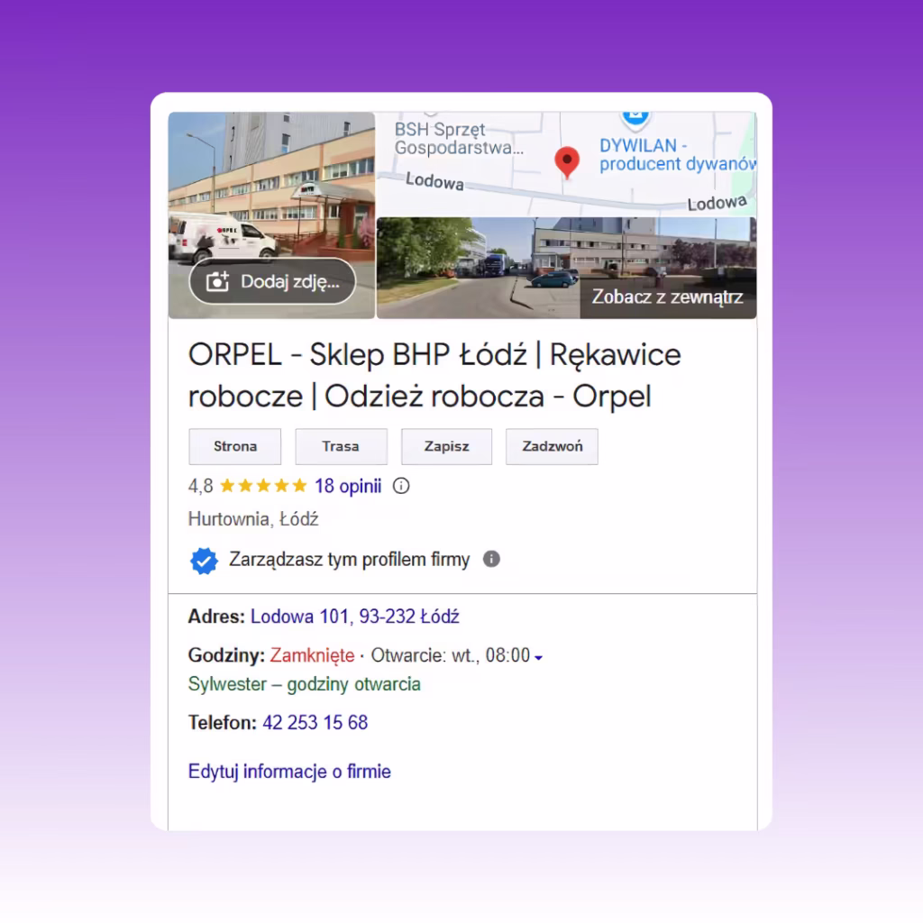 ORPEL Sklep BHP_ Podgląd wizytówki Google