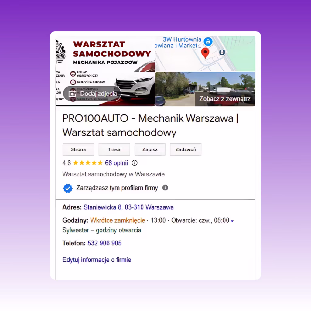 PRO100AUTO Podgląd wizytówki Google