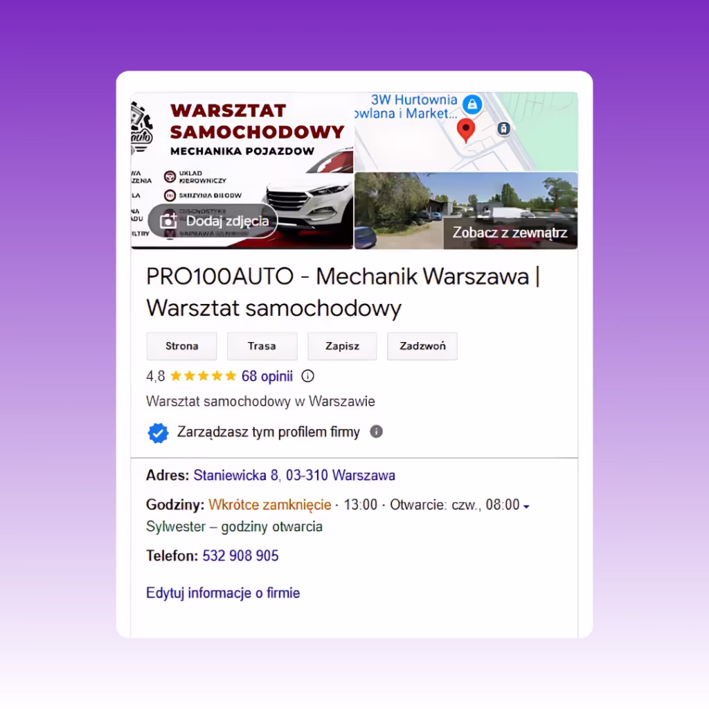 PRO100AUTO Podgląd wizytówki Google