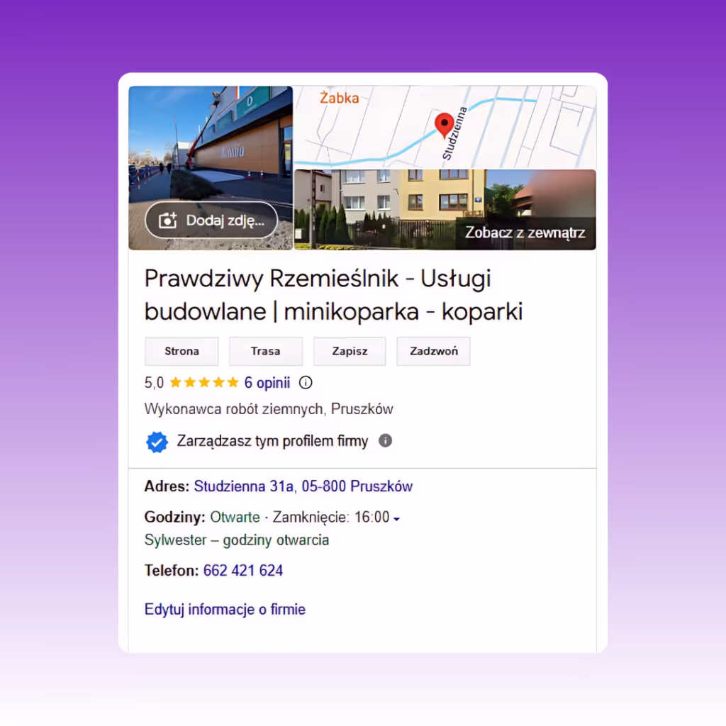 Prawdziwy Rzemieślnik: Podgląd wizytówki Google