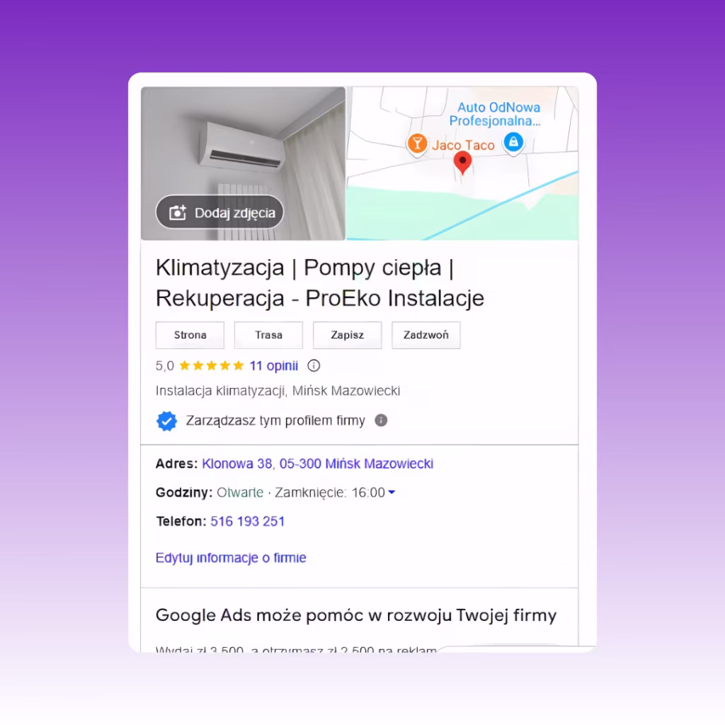 ProEko Instalacje: Podgląd wizytówki Google