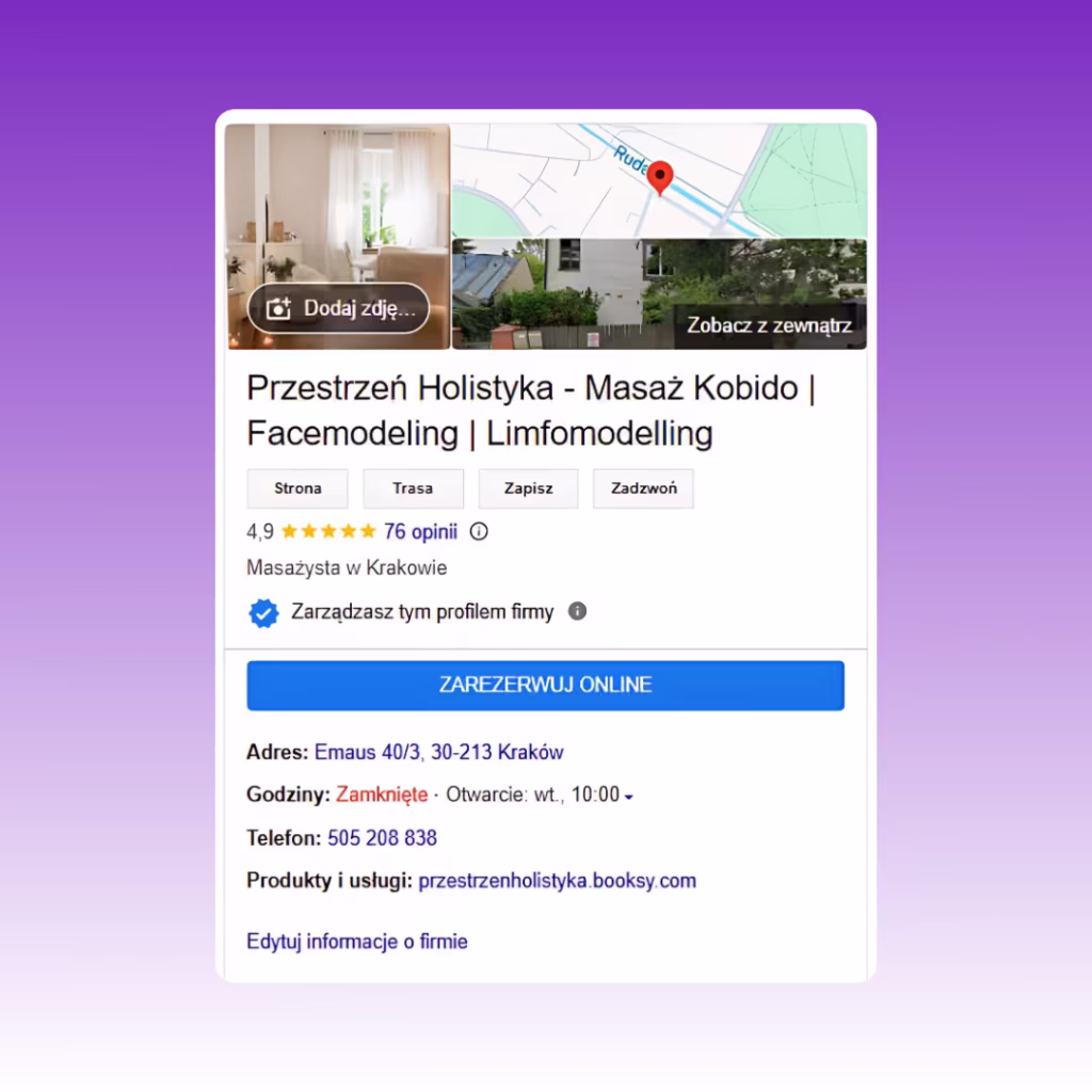 Przestrzeń Holisty Podgląd wizytówki Google