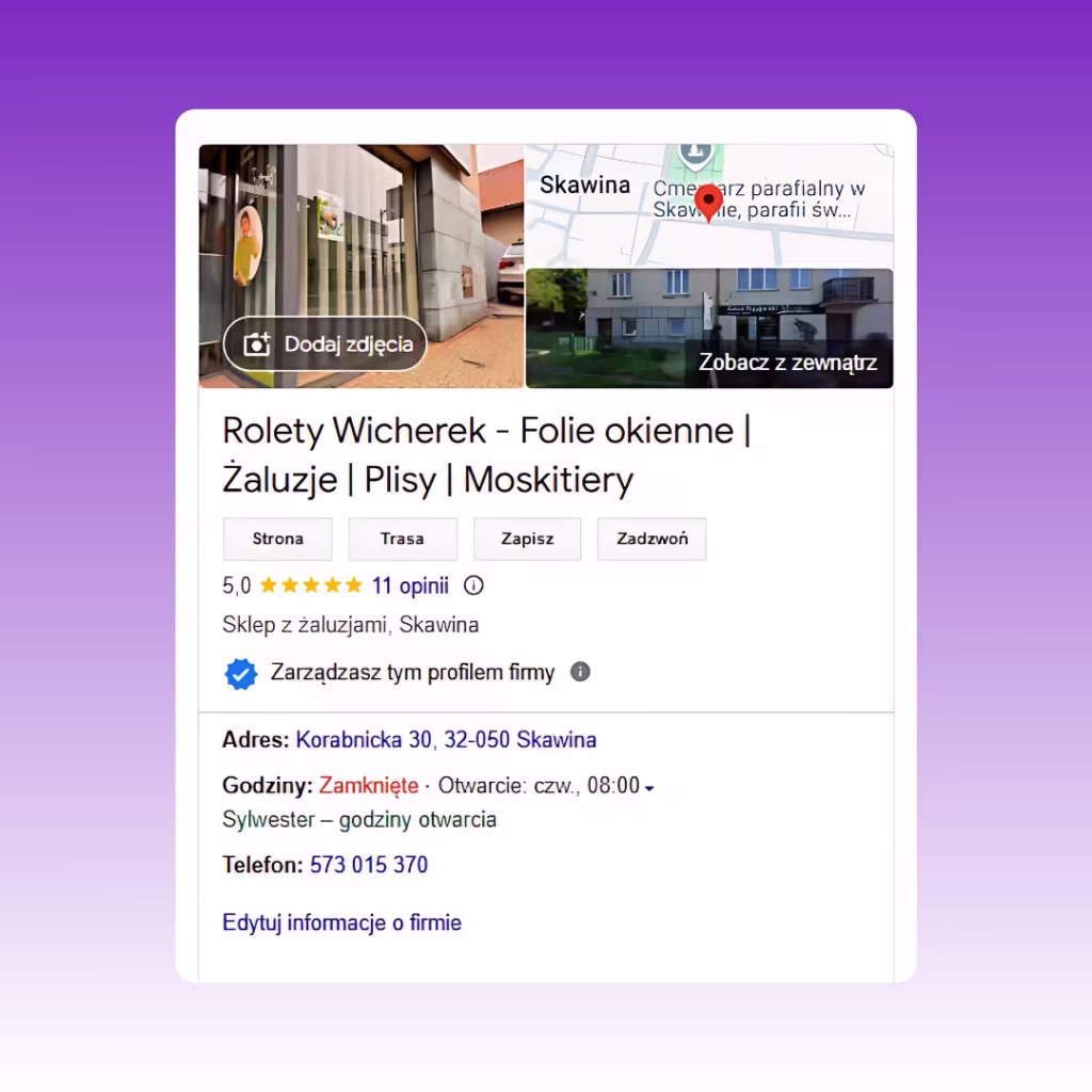 Rolety Wicherek: Podgląd wizytówki Google