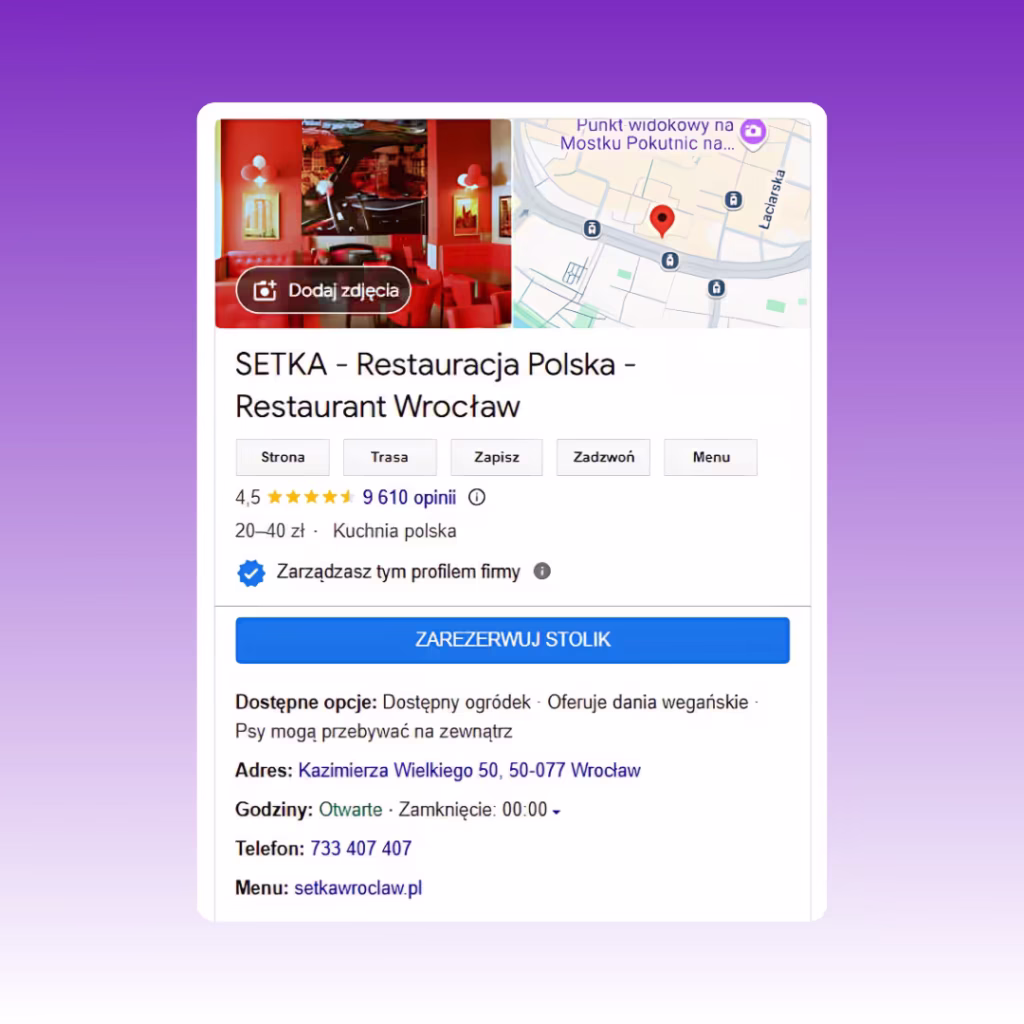 SETKA Wrocław: Podgląd wizytówki Google