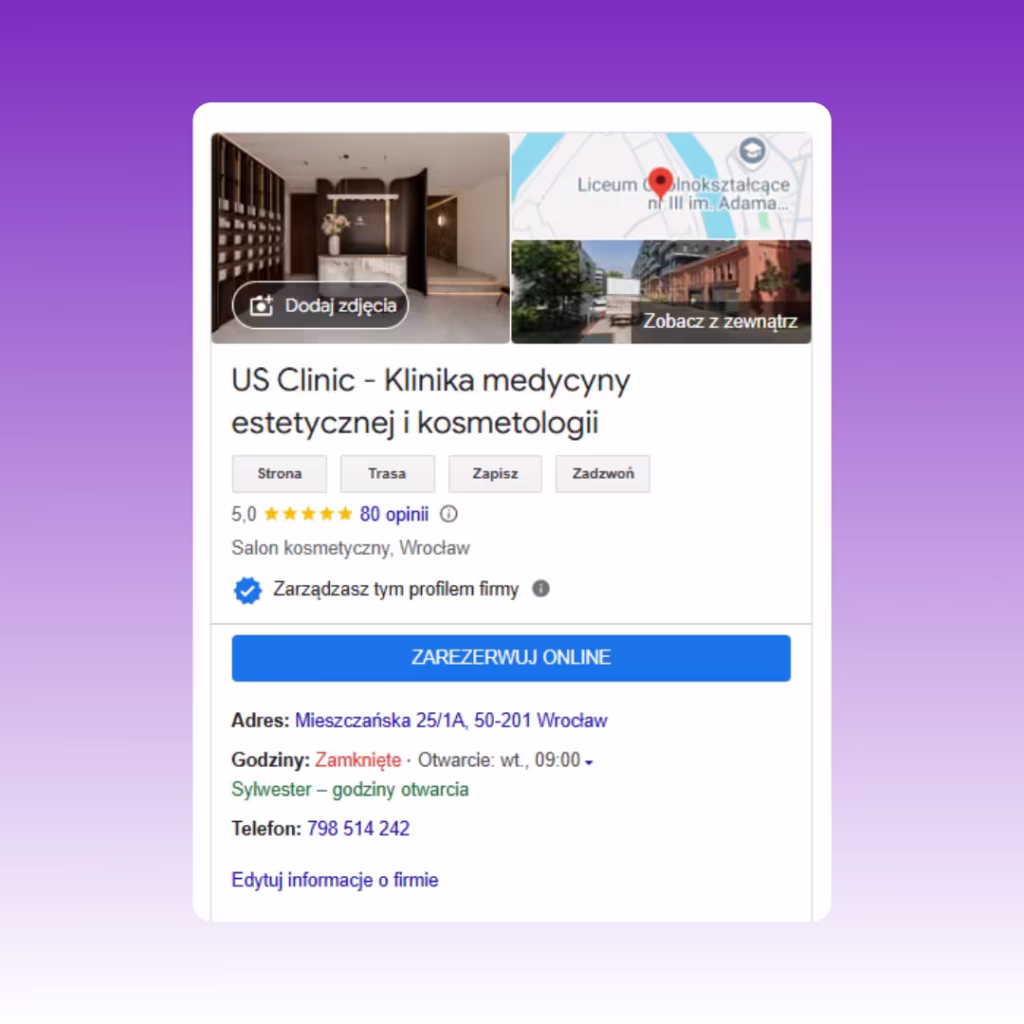 US Clinic_ Podgląd wizytówki Google